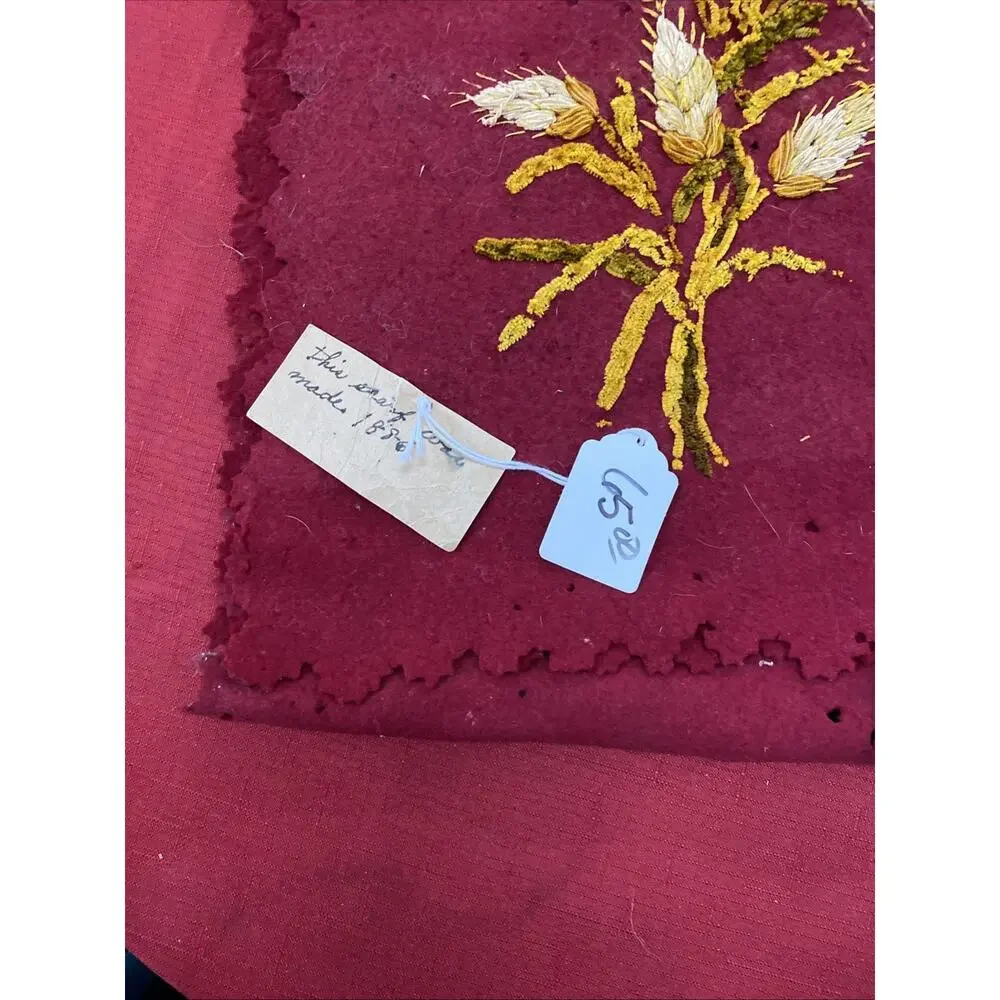 Antique Handmade In 1886-Red Felt With Yellow Flowers Table Runner 14”X 64”